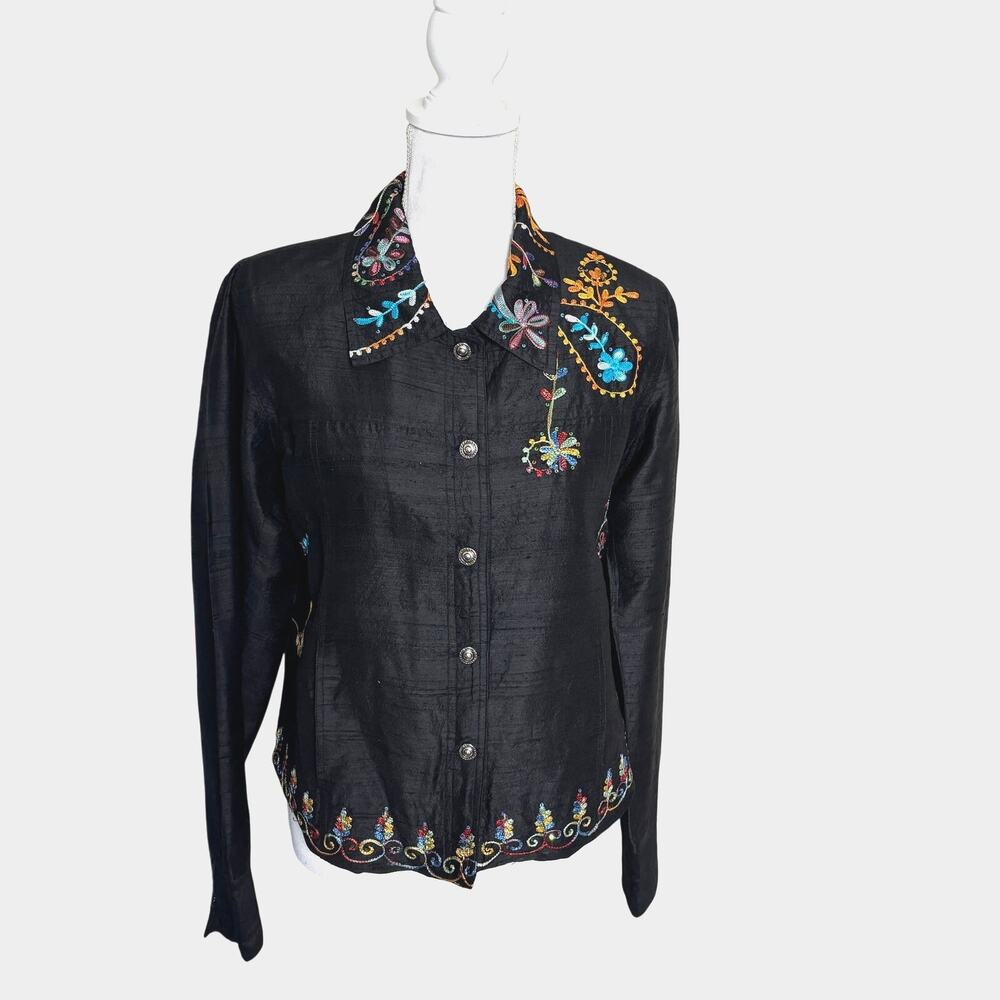 Amarje‎ 100% Silk Jacket Black Embroidered Art to Wear Statement M